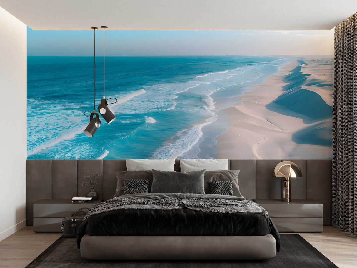 Ocean wallpaper making statement in dining room with aerial beach view