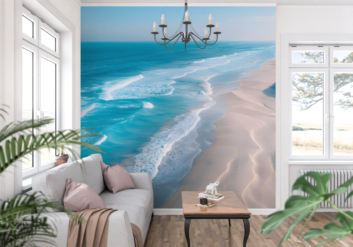 Turquoise waters mural bringing coastal vibes to luxury bathroom space