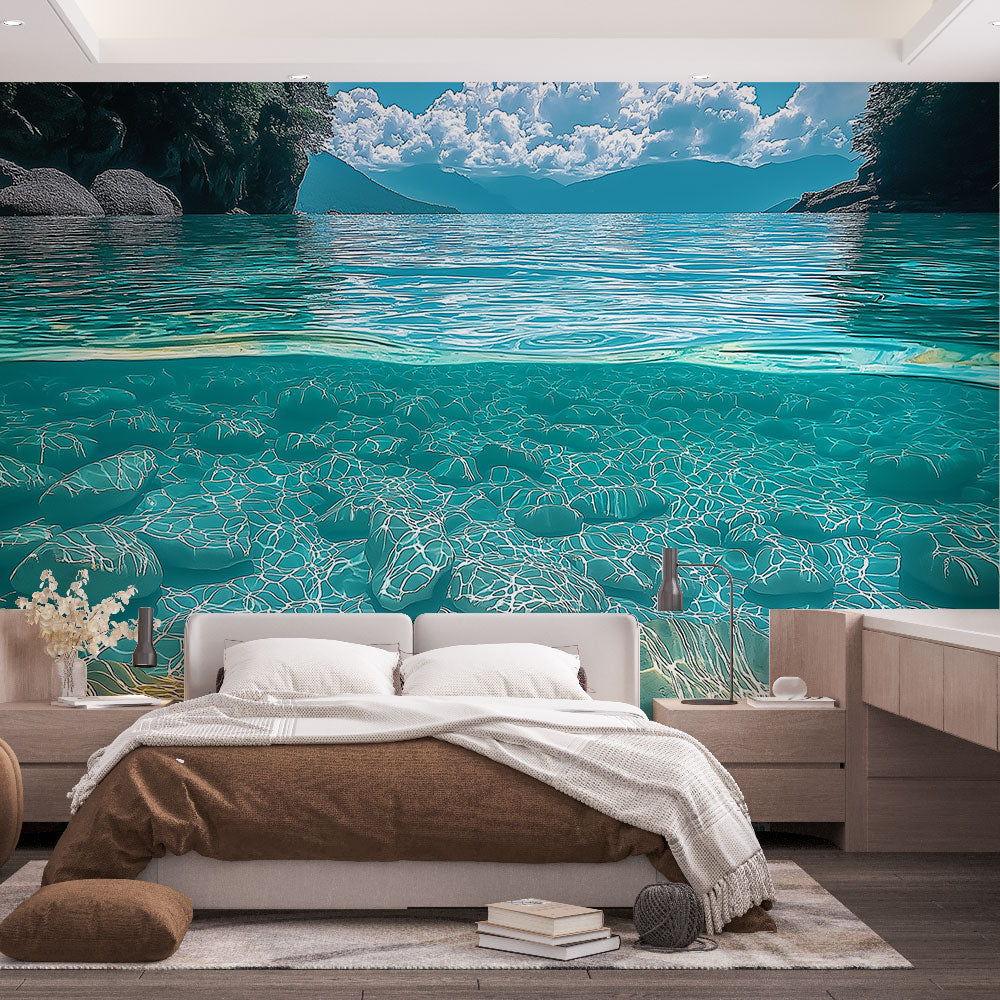 Turquoise underwater lagoon wallpaper creating a peaceful atmosphere in a modern living room with natural light