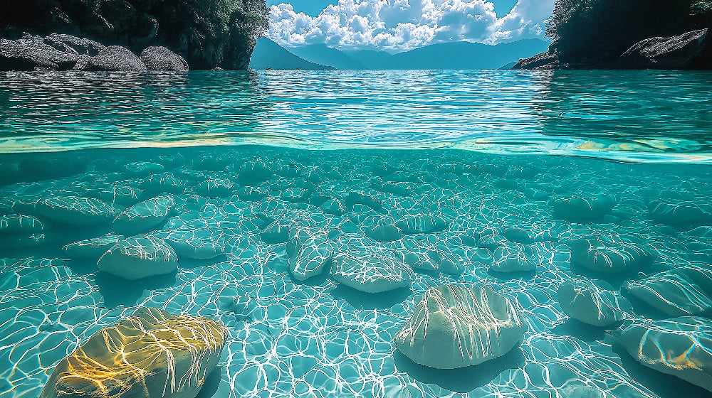 Ocean lagoon wallpaper design file showing crystal clear waters and underwater rock formations
