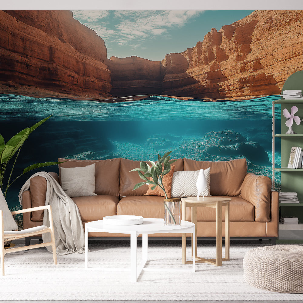 Ocean Canyon wallpaper in modern living room, showing turquoise waters meeting dramatic cliff walls