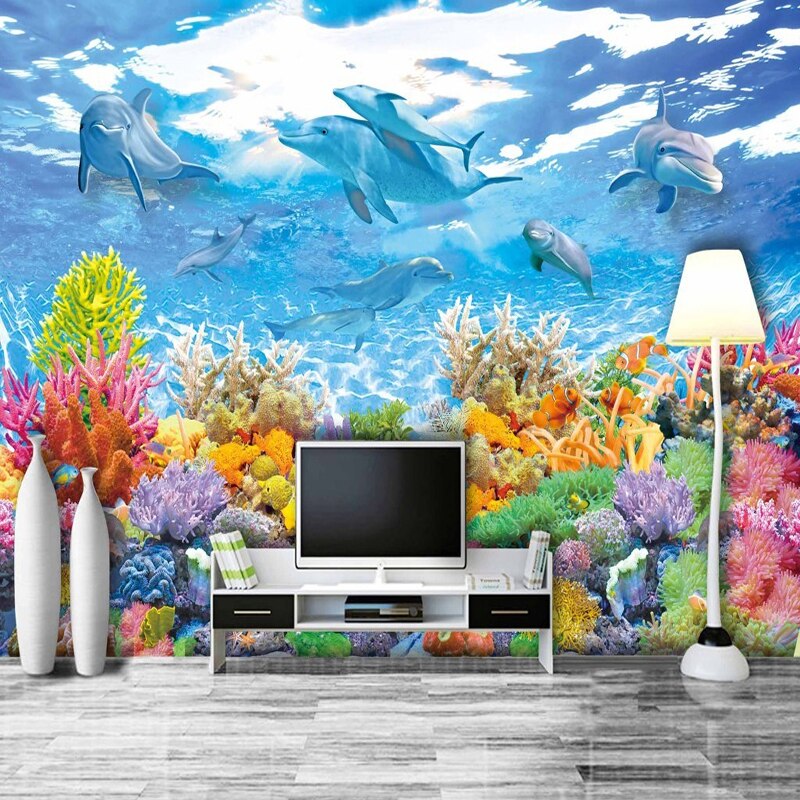 Dolphin wall mural creating depth in a coastal-style bedroom