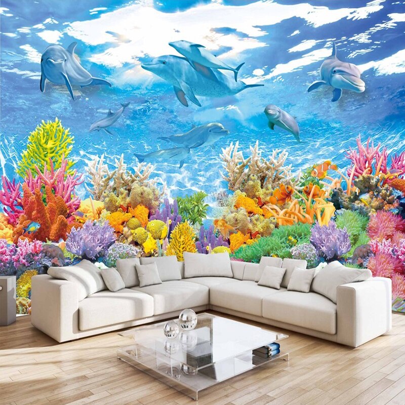 Coral reef wallpaper transforming a bathroom into an underwater paradise