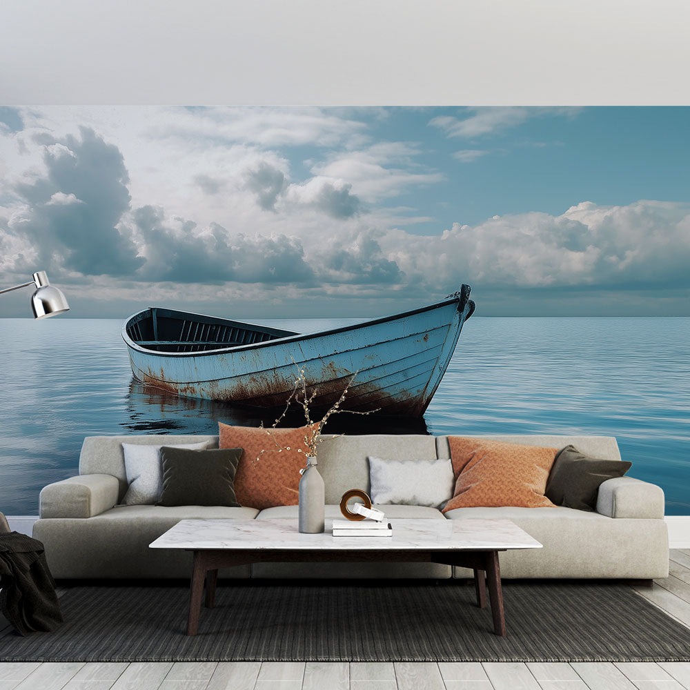 Ocean mural wallpaper transforms living room into coastal retreat, vintage boat design creates serene atmosphere