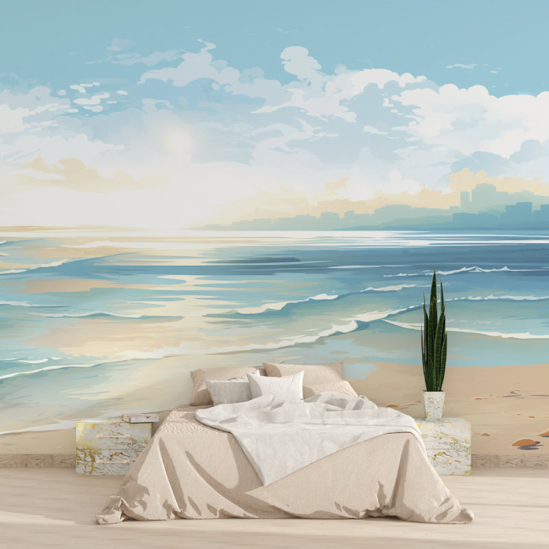 Coastal wallpaper creating calm atmosphere in master bedroom with ocean views