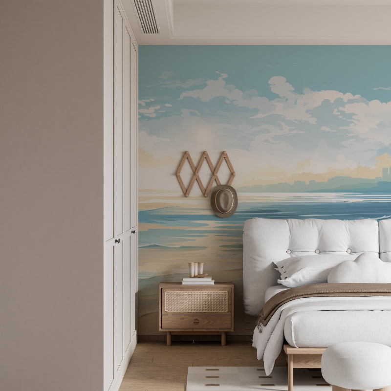Beach scene wallpaper making small home office feel spacious and peaceful