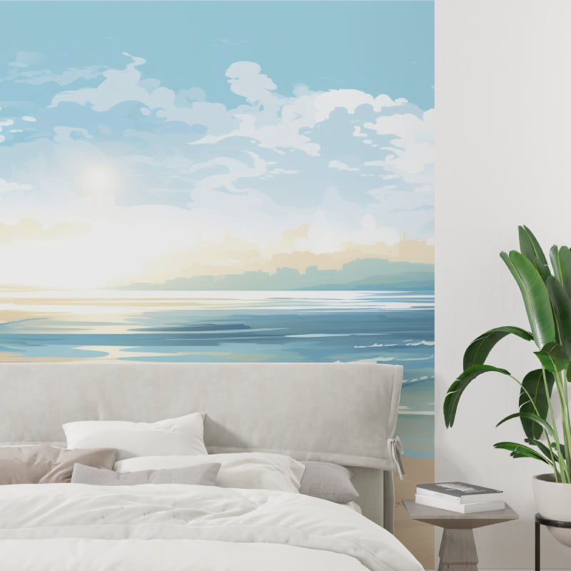 Watercolor ocean mural bringing coastal charm to dining room setting
