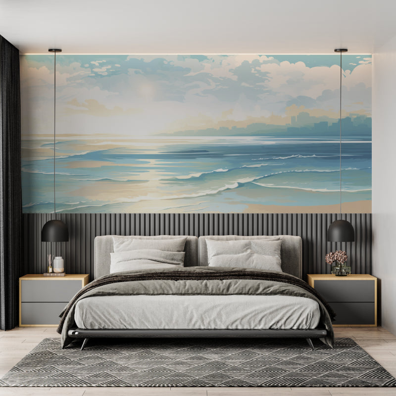 Seascape wall mural adding depth to bathroom with soft blue tones