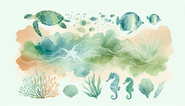 Ocean wallpaper mural bringing life to a modern bathroom, with soft watercolor marine life dancing across the walls