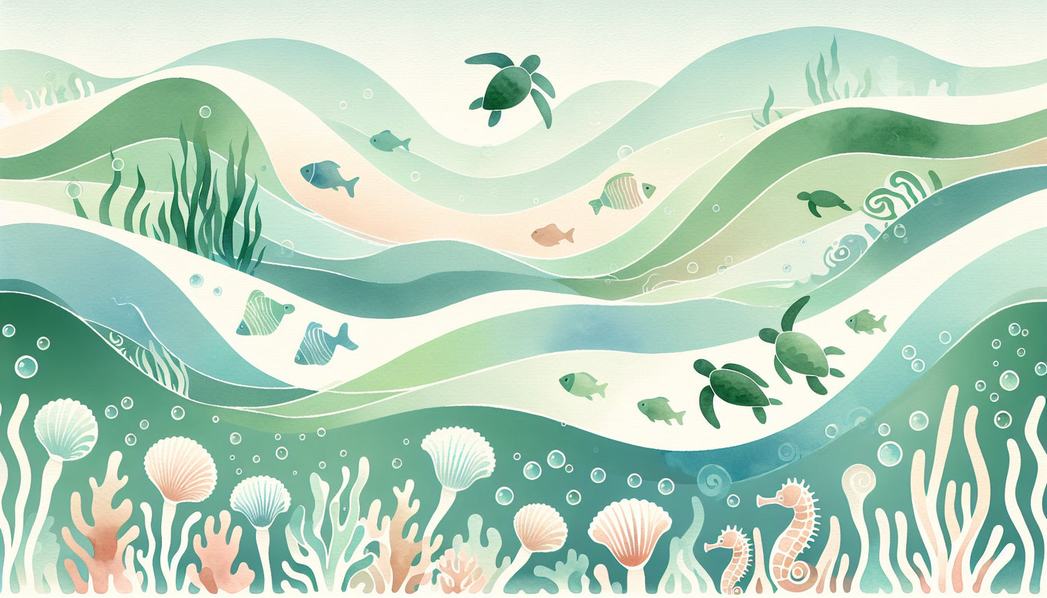 Watercolor marine life design file showing detailed sea turtles and tropical fish pattern