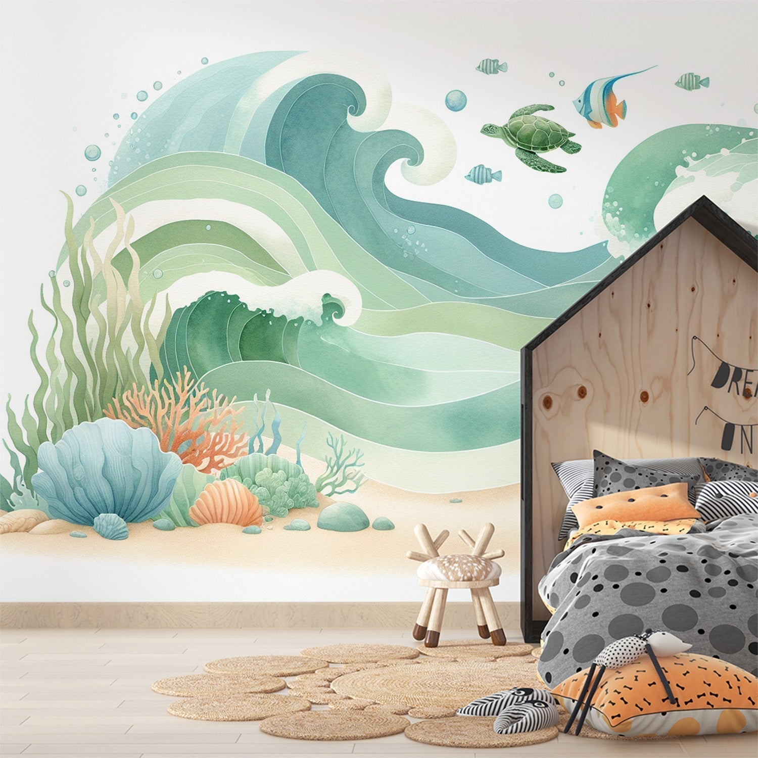 Ocean theme wallpaper with watercolor marine life displayed in a bright modern bathroom, creating a spa-like atmosphere