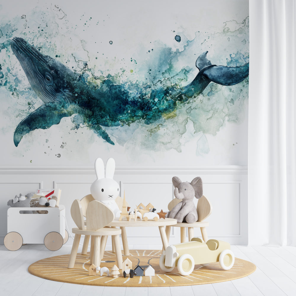 Marine life wallpaper featuring gentle whale design in calming playroom setting