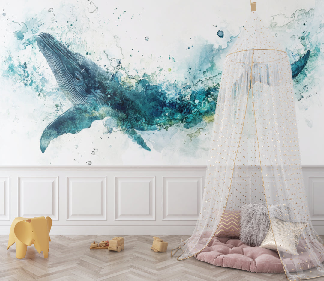 Ocean wallpaper with watercolor whale shown in modern living room, demonstrating versatile style