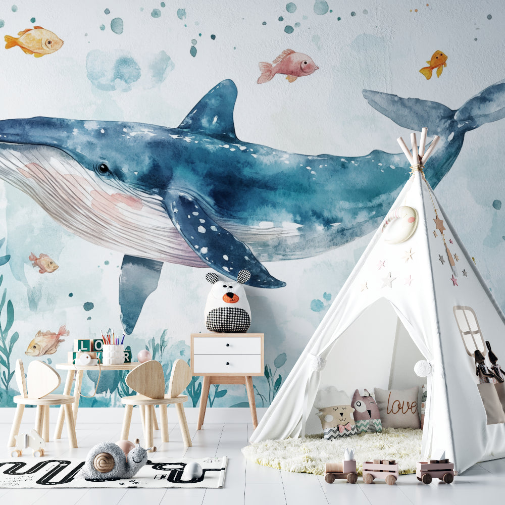 Ocean Mural Wallpaper creating a magical underwater scene in a bright nursery with soft blue walls