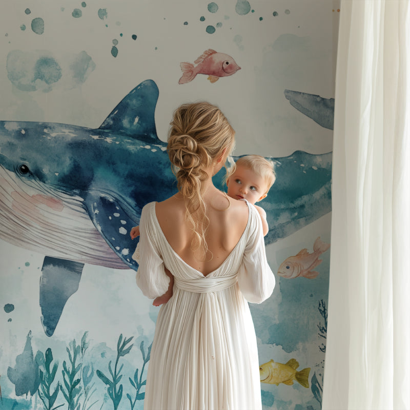Whale Wallpaper bringing ocean vibes to a cozy kids bedroom with reading nook