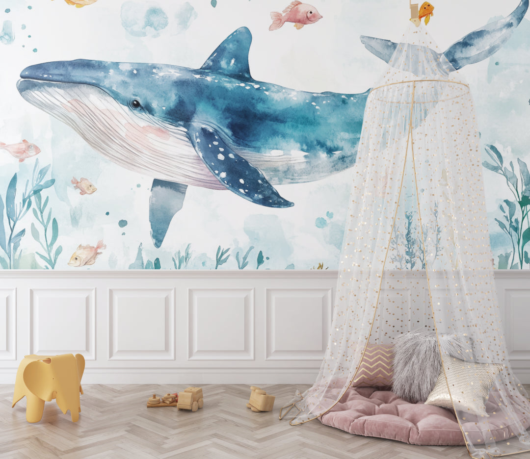 Marine Life Wallpaper transforming a modern playroom with watercolor sea creatures
