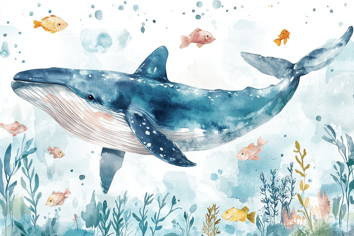 Design file showing detailed watercolor whale and fish pattern with soft turquoise and coral tones