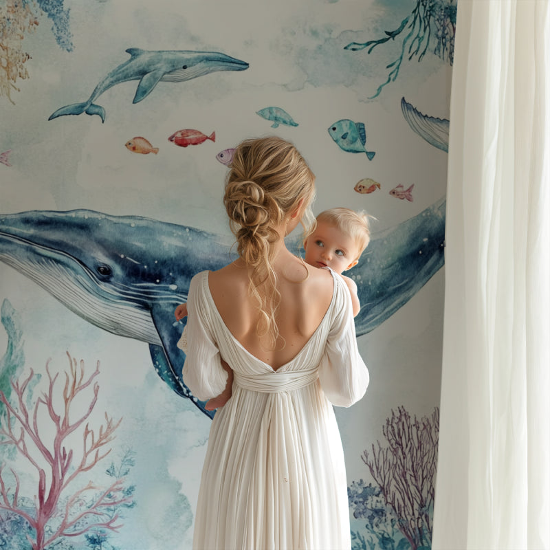 Watercolor whale wall mural brightening a modern bathroom space