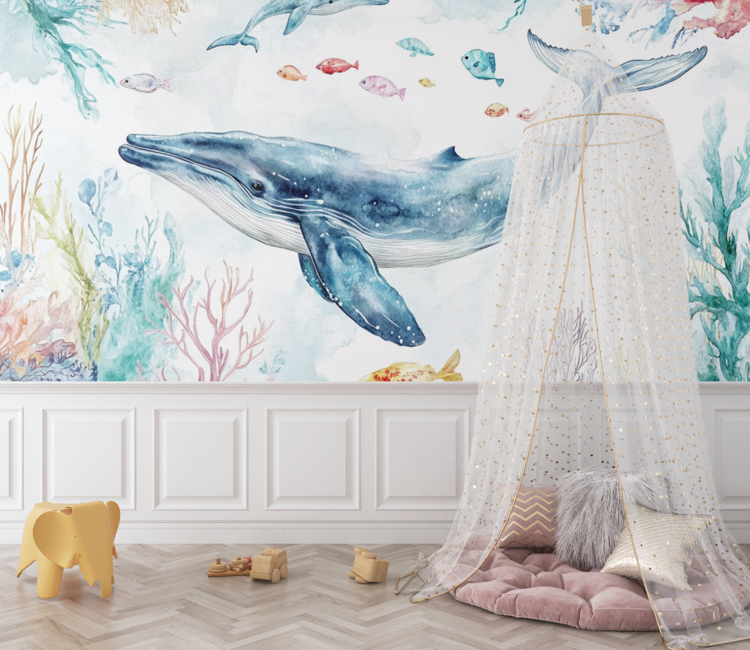 Marine life wallpaper creating calm atmosphere in kids playroom