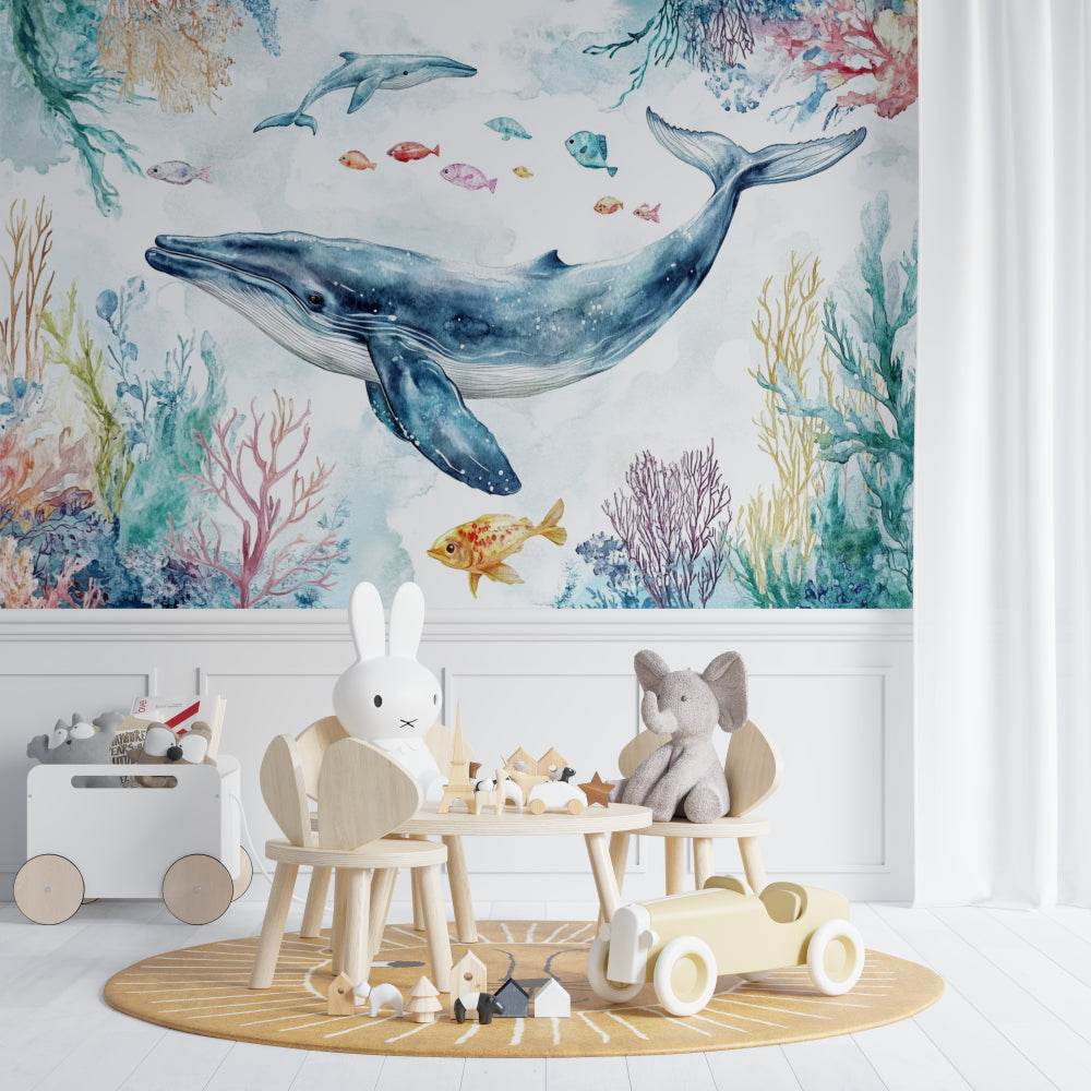 Whale mural adding underwater magic to reading nook