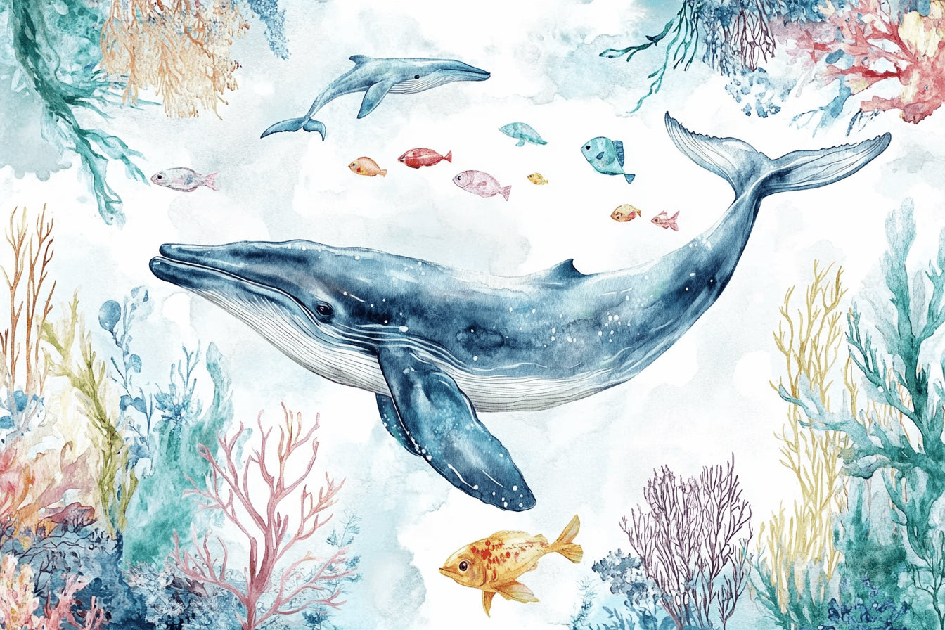 Watercolor whale and marine life design file showing intricate pattern details