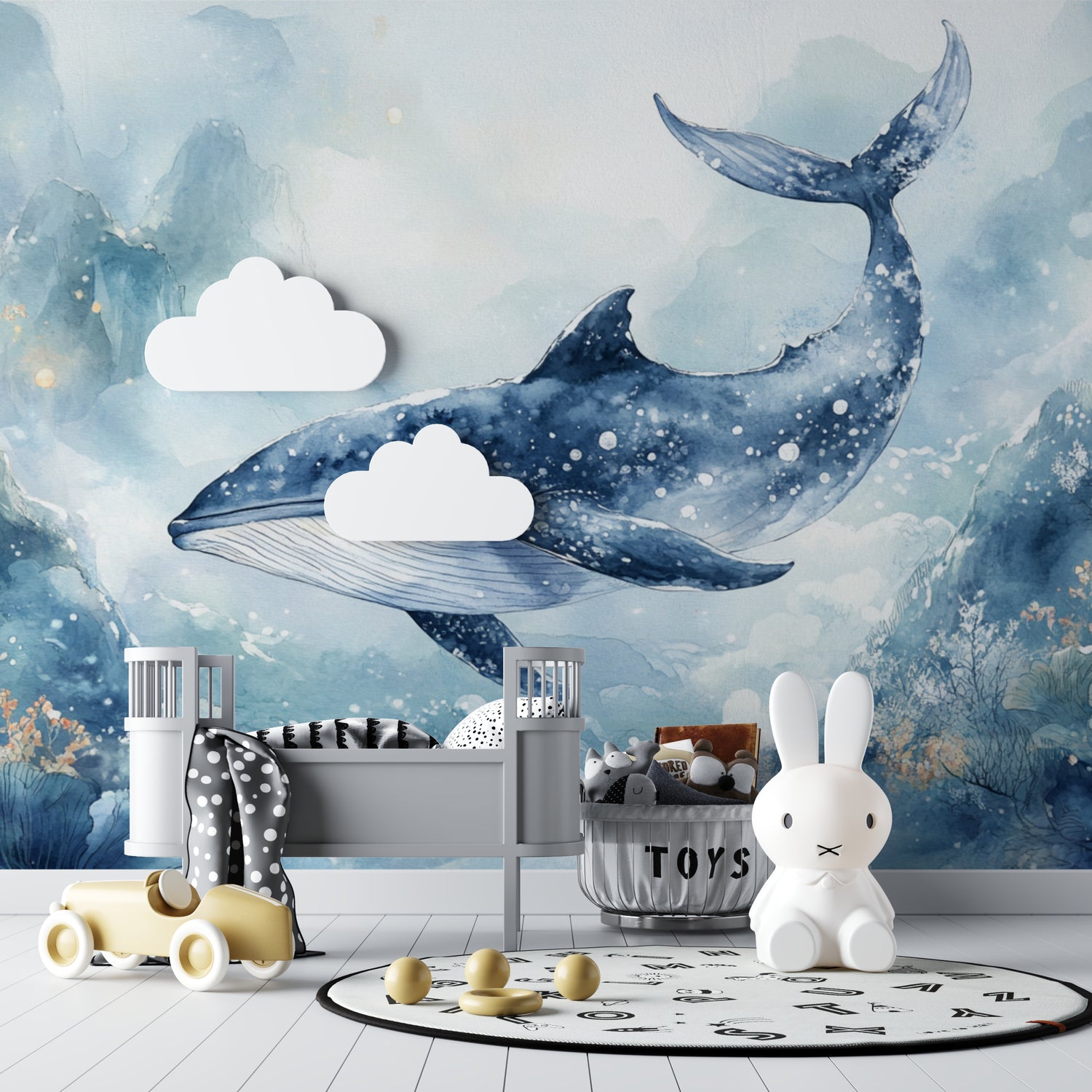 Watercolor whale wall mural creating calm atmosphere in children's bedroom