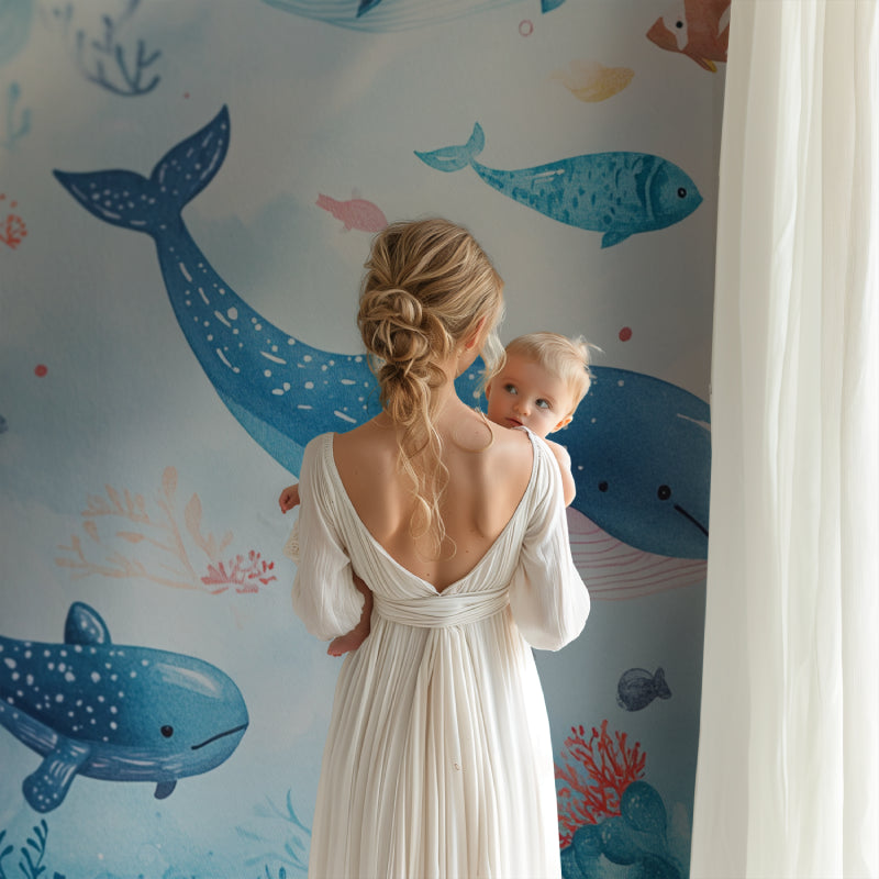 Ocean mural wallpaper transforming a playroom into an underwater adventure space