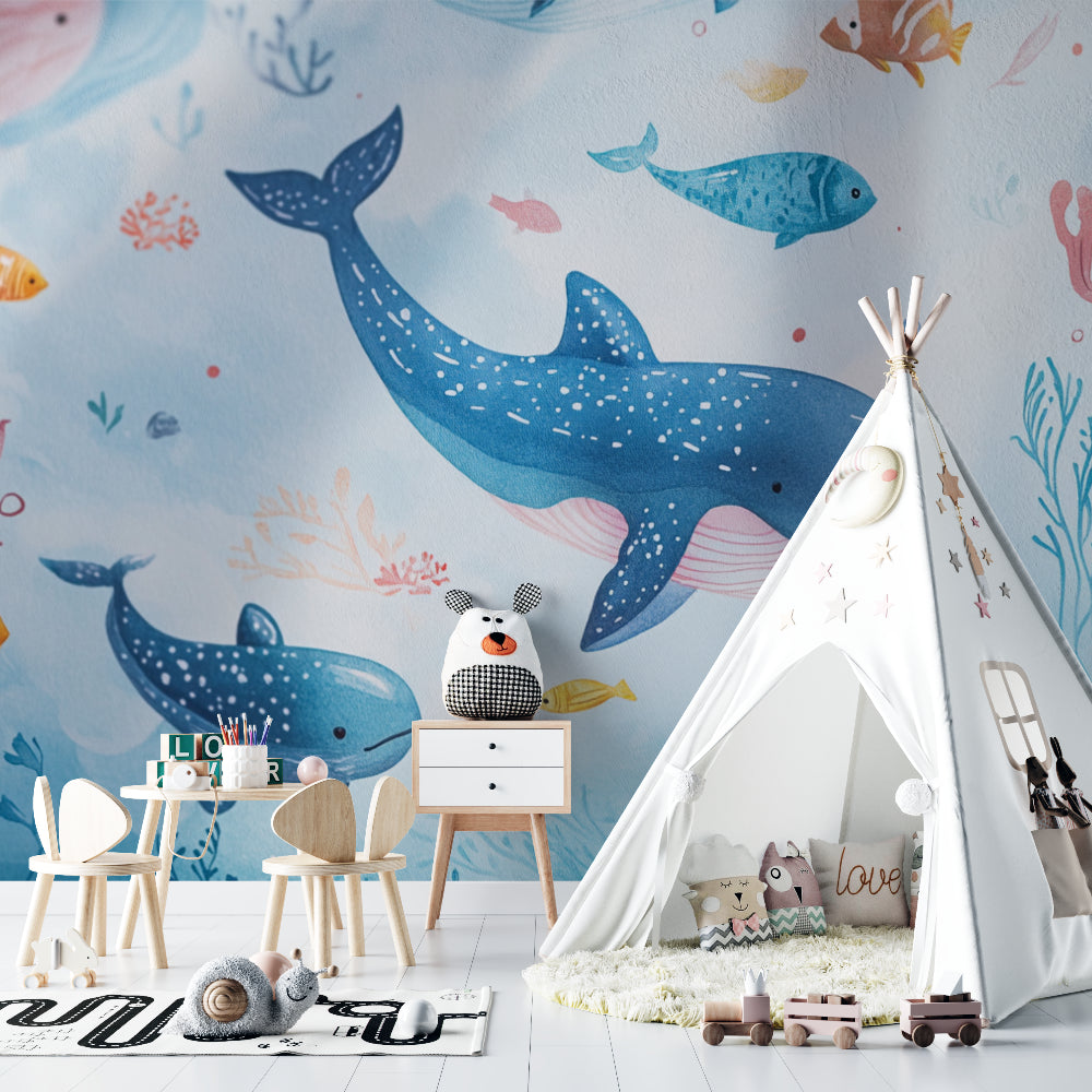 Whale wall mural adding a splash of whimsy to a baby's room with natural lighting