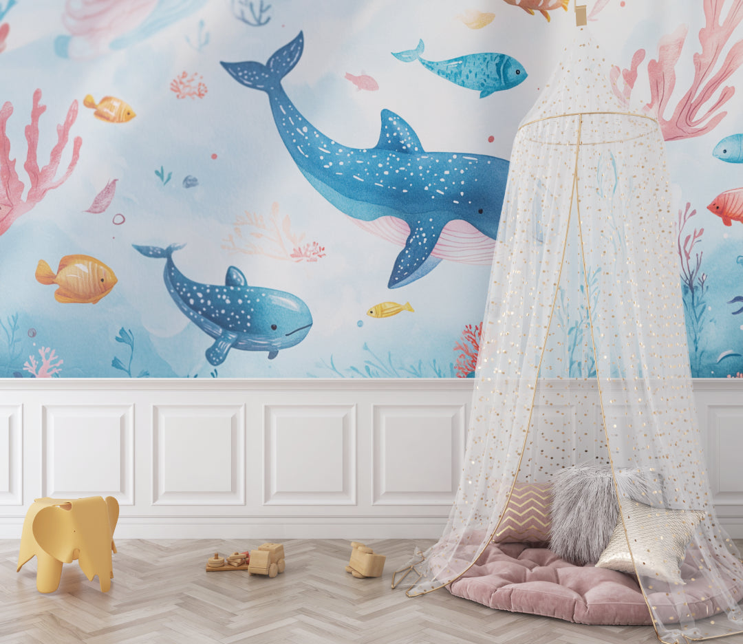 Marine life wallpaper creating depth in a modern kid's study area