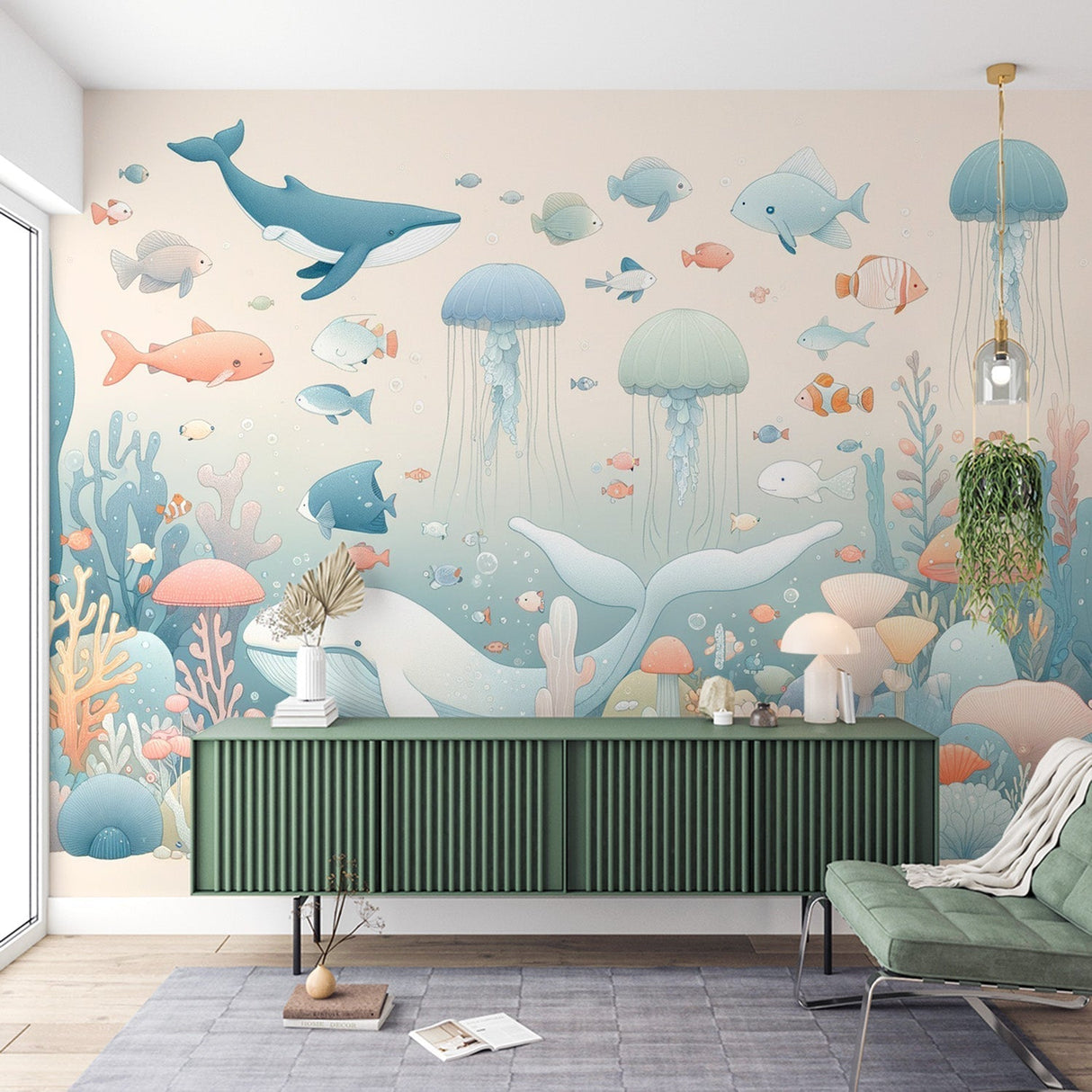 Ocean life wallpaper creating a magical underwater scene in a modern nursery with soft blue lighting