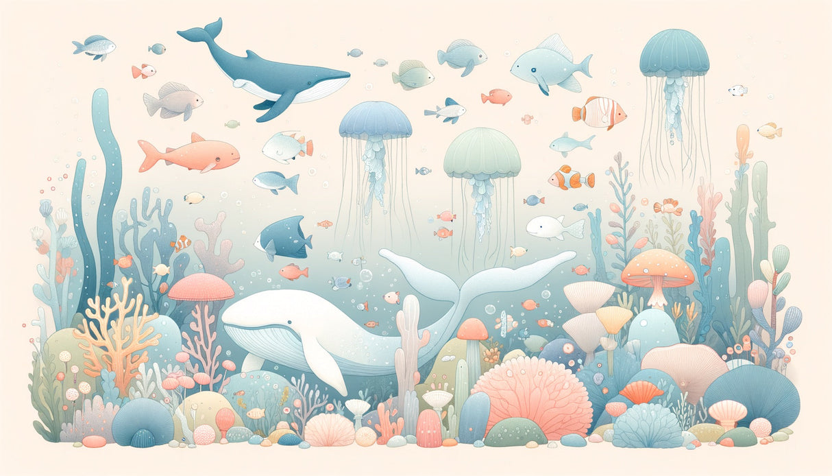 Marine life mural wallpaper transforming a kids bedroom with floating whales and jellyfish