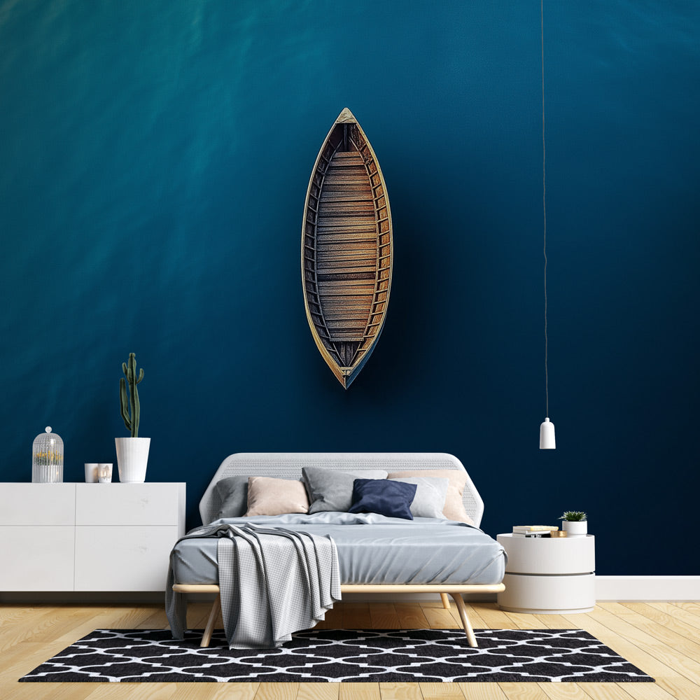 Ocean wallpaper mural showing wooden boat on deep blue waters, styled in modern coastal living room with natural light