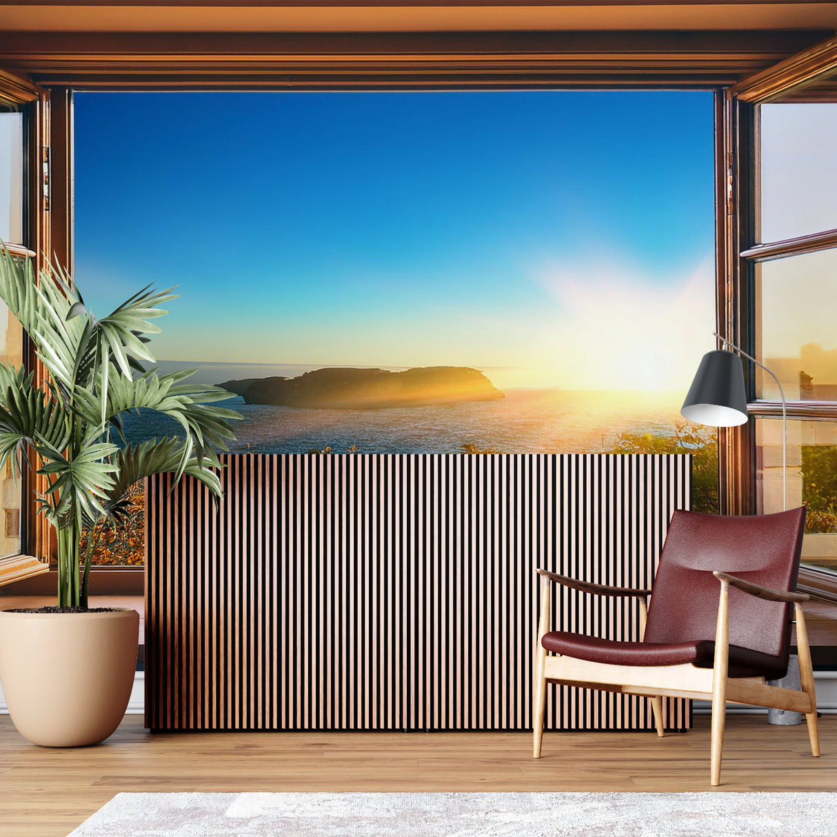 Ocean view window mural wallpaper creating depth in modern living room with grey sofa