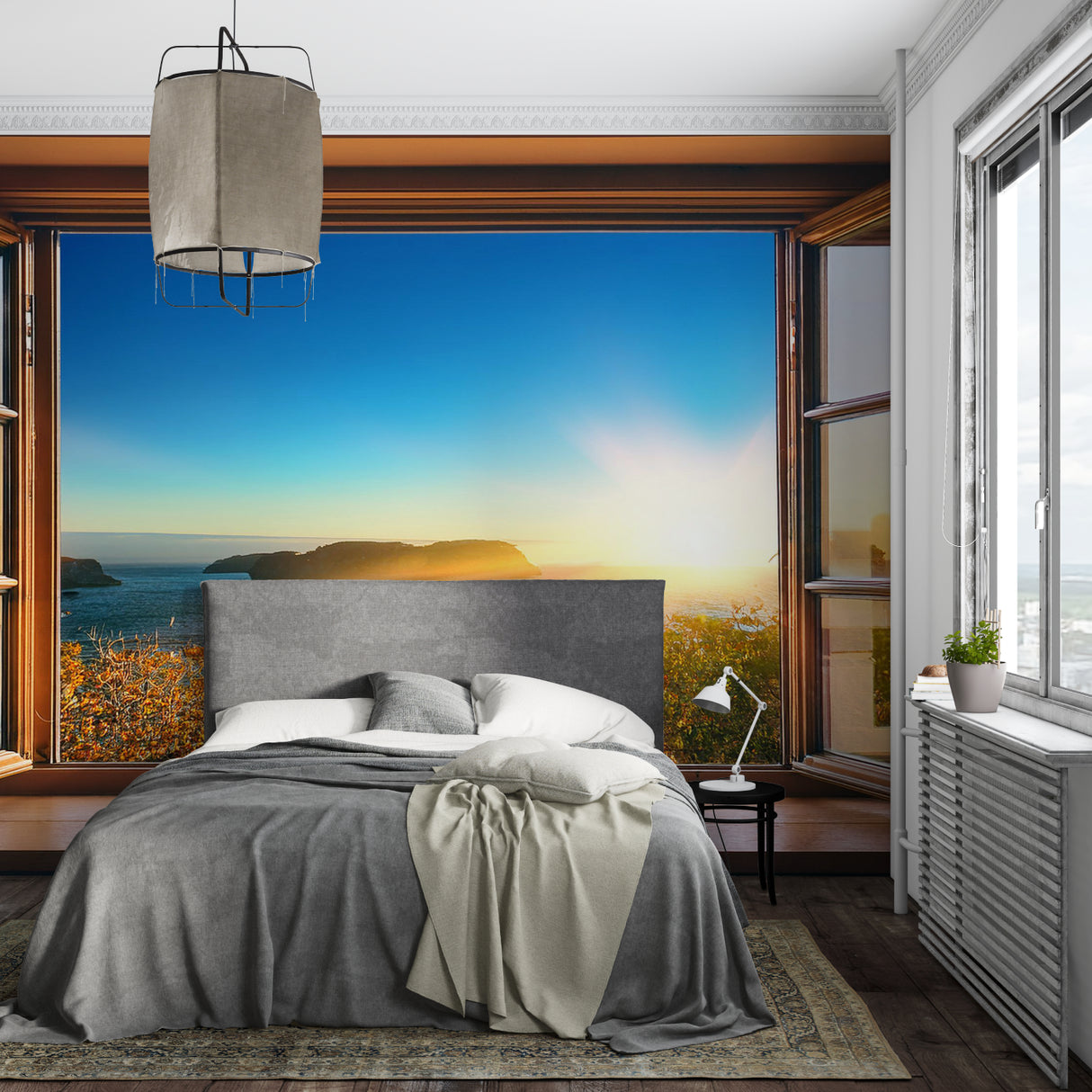 Coastal window mural wallpaper transforming bedroom wall with sunset views
