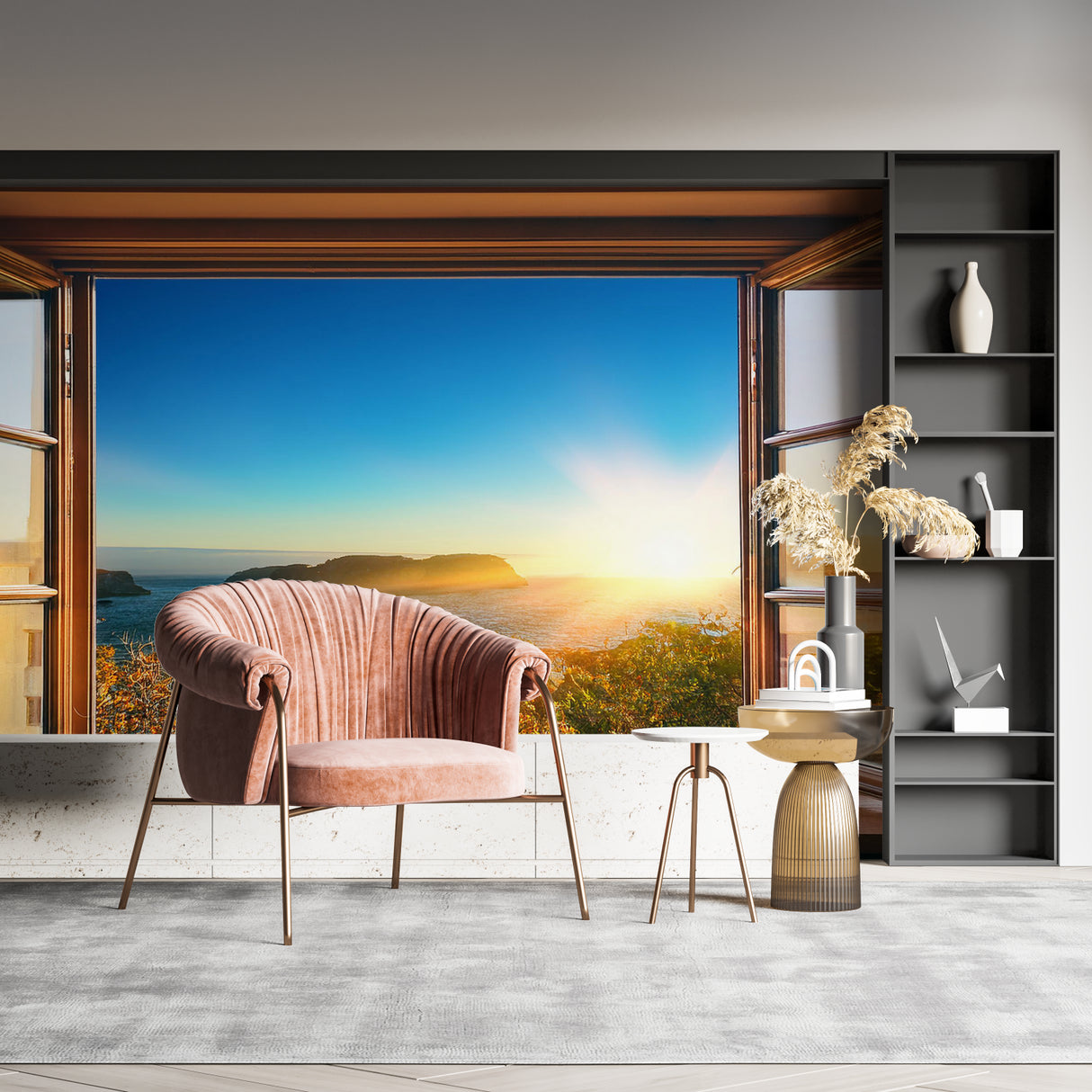 3D window scene mural adding ocean views to minimalist dining room
