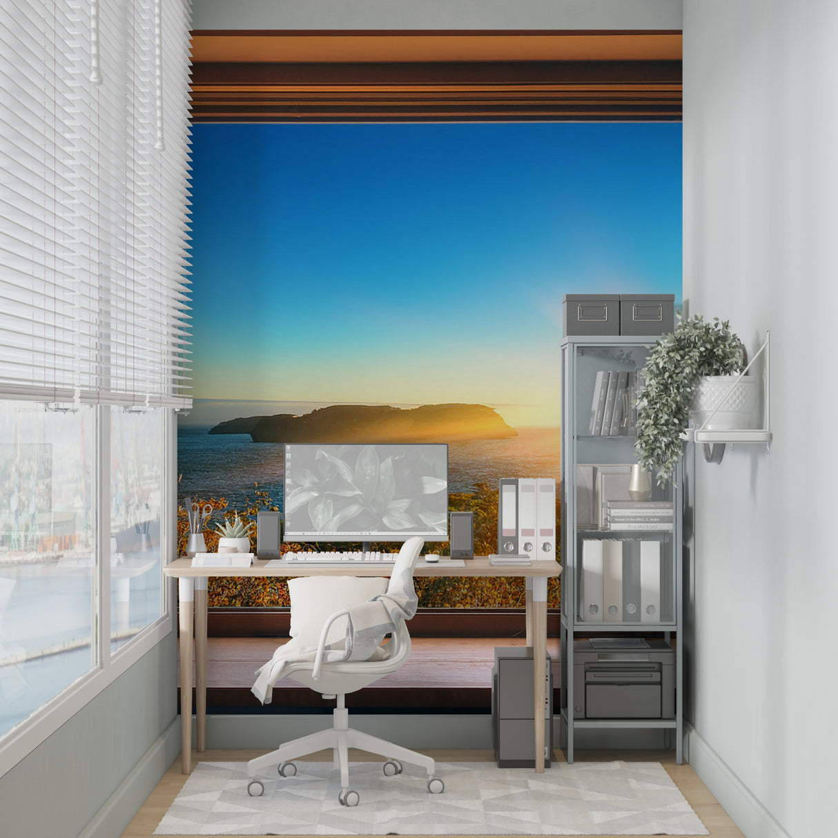 Panoramic window wallpaper bringing beach views to home office space