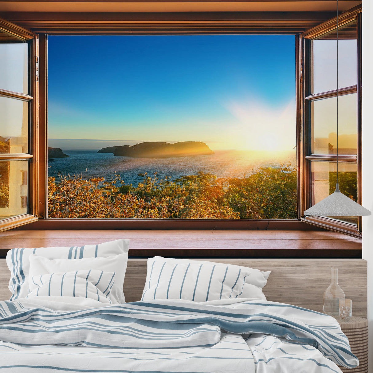 Ocean view mural creating window effect in contemporary bathroom setting