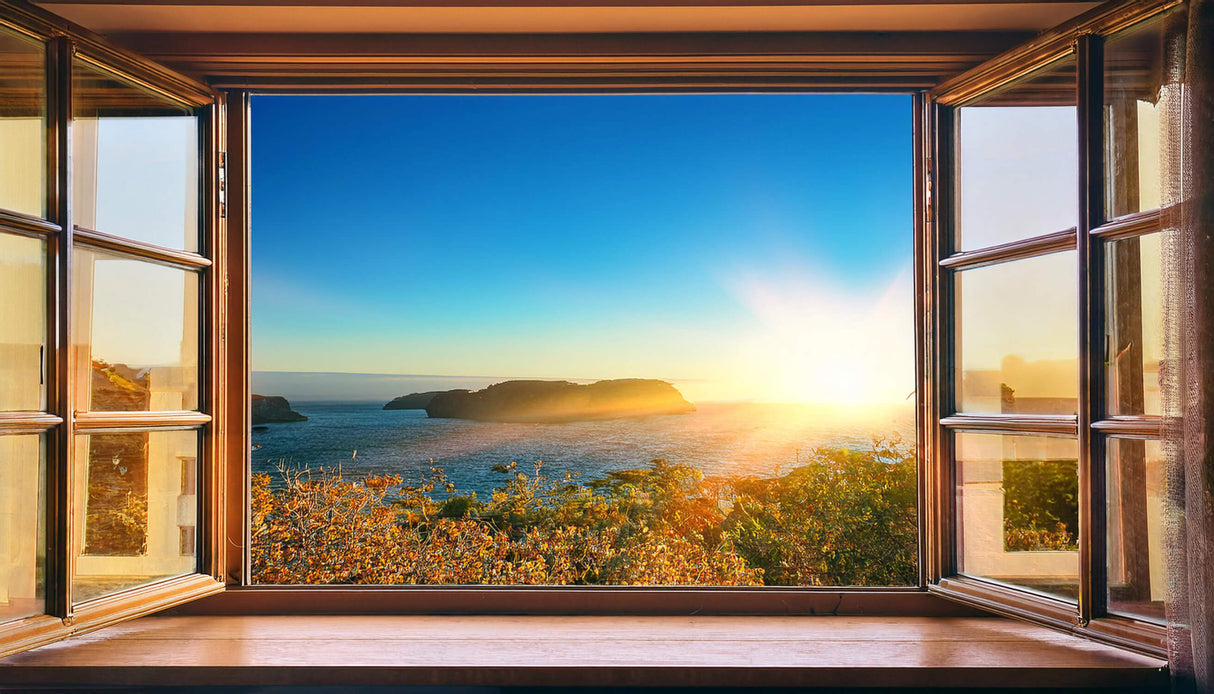 Design file showing full window frame ocean view mural pattern with sunset paradise scene