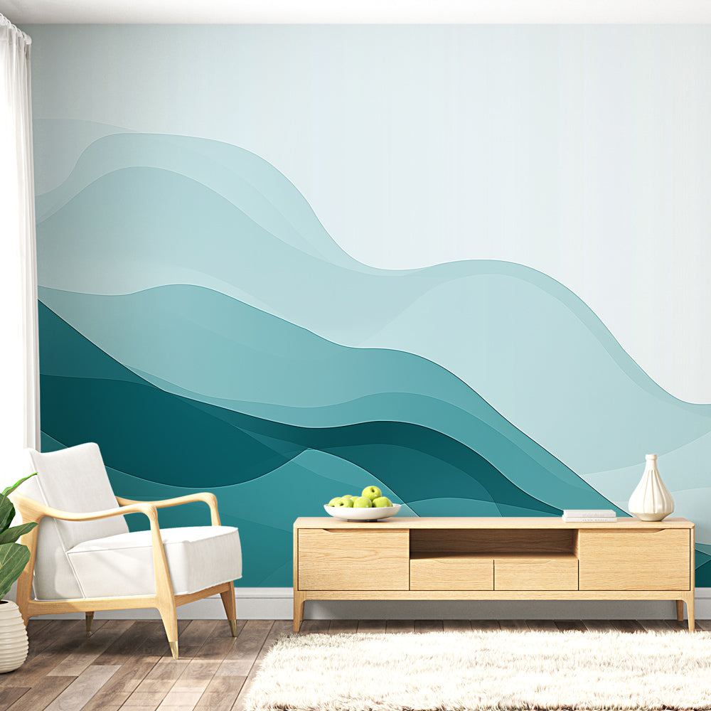 Ocean wave wallpaper creating a serene atmosphere in a modern living room, teal abstract waves flowing across the feature wall