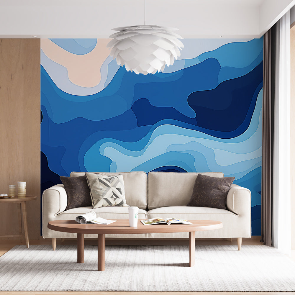 Ocean wave wallpaper creating a calming atmosphere in a modern living room with white furniture and natural light
