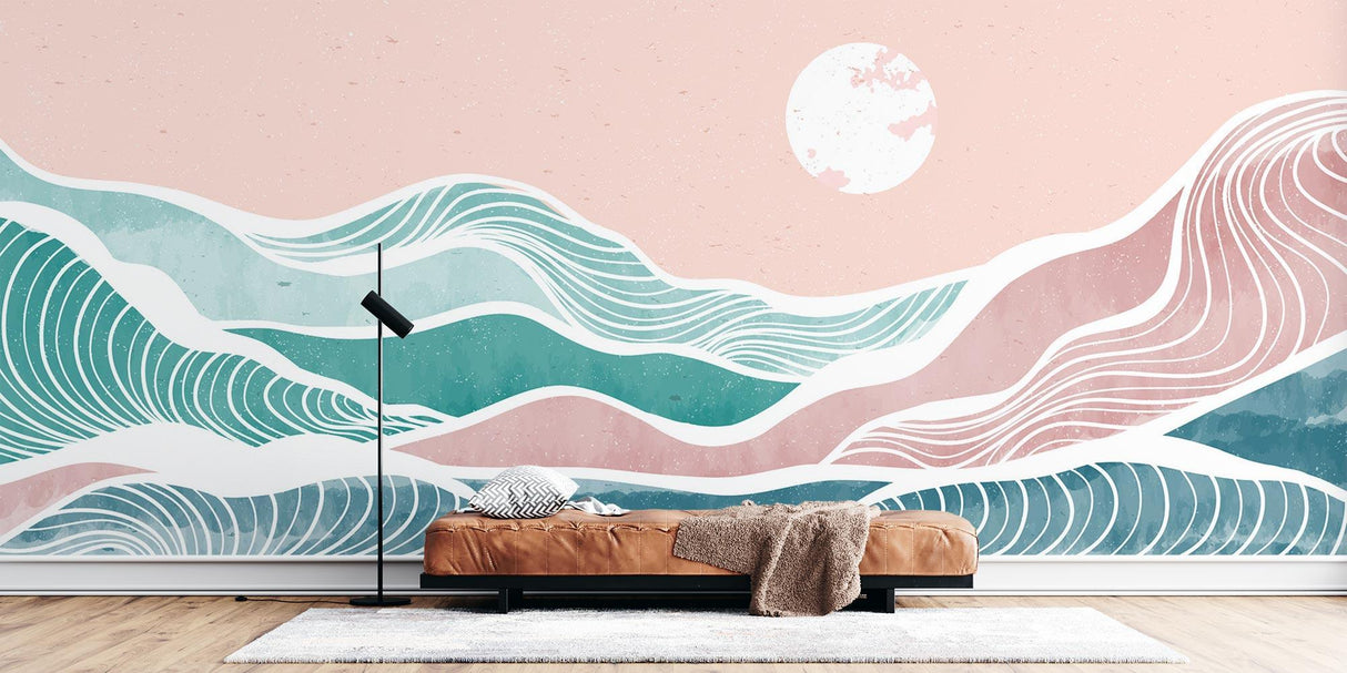 Ocean wave wallpaper creating a peaceful atmosphere in a modern living room with pink and teal accents