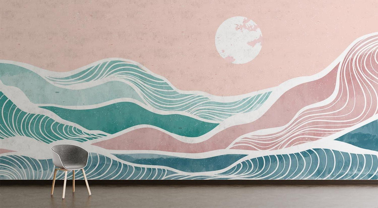 Abstract wave mural enhancing a minimalist bedroom with soft pink and teal tones