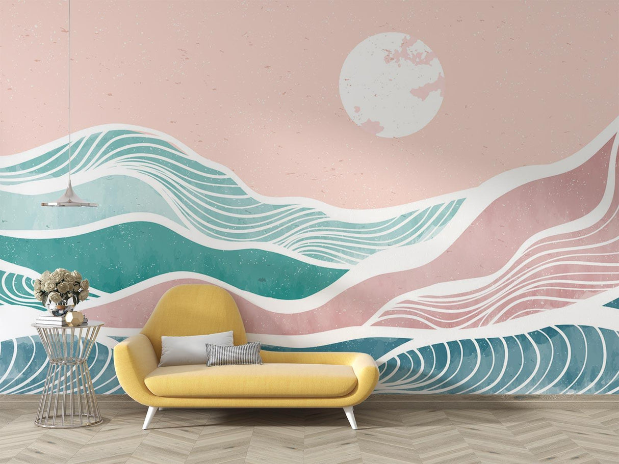 Coastal wave wallpaper transforming a home office with its calming pink and teal design