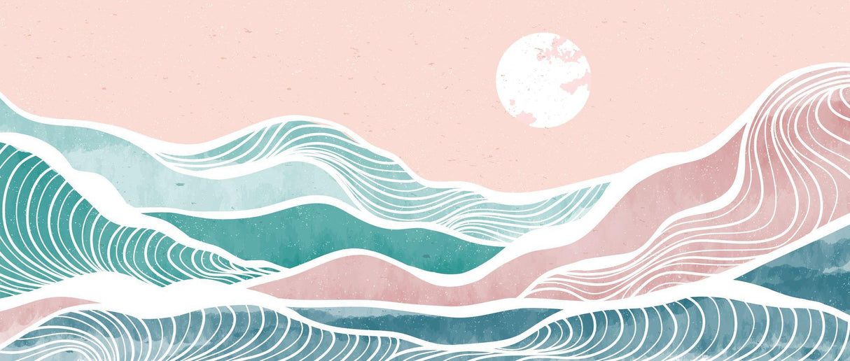 Design file showing detailed abstract ocean wave pattern in pink and teal