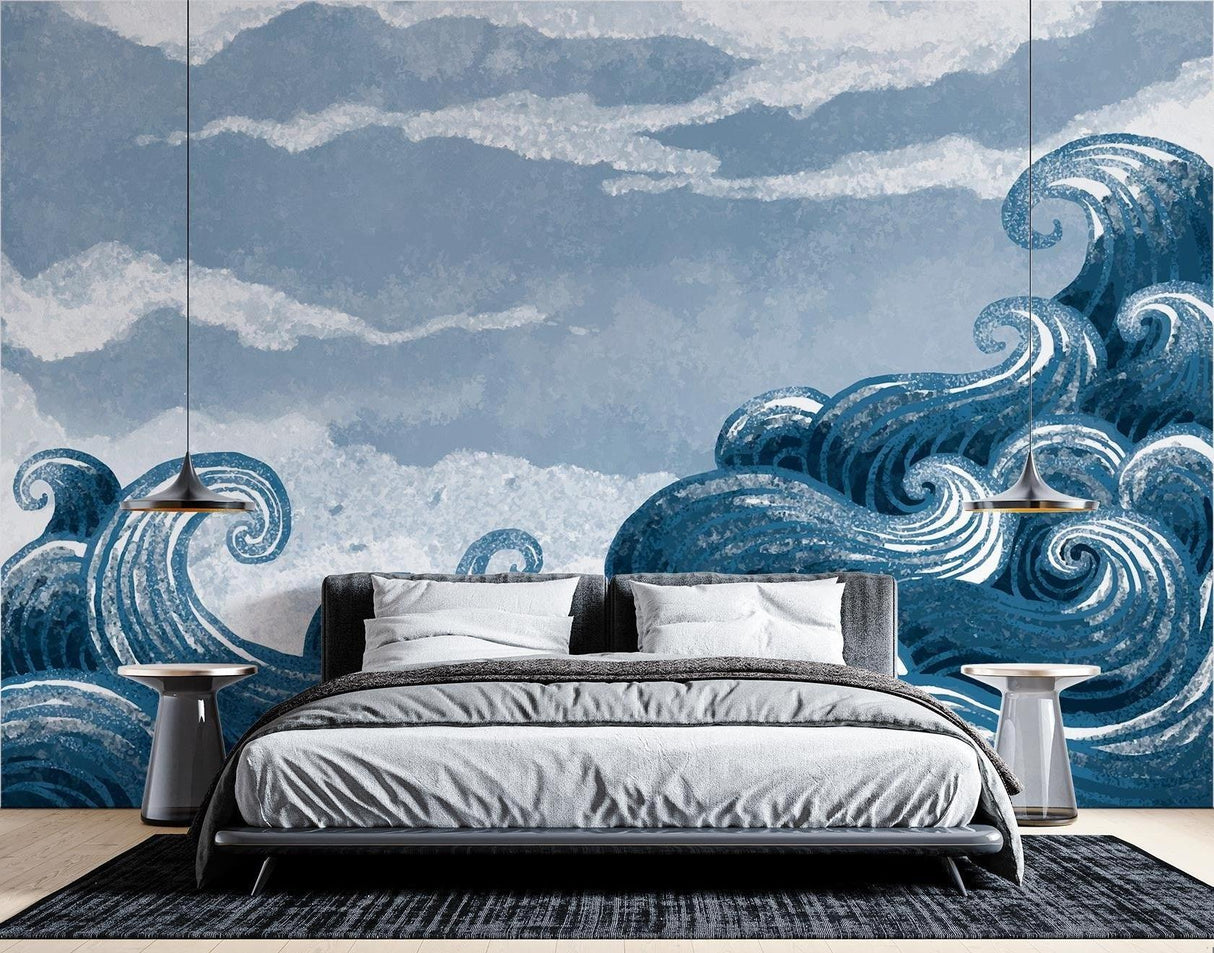 Japanese wave wallpaper creating dramatic impact in modern living room with minimal furniture