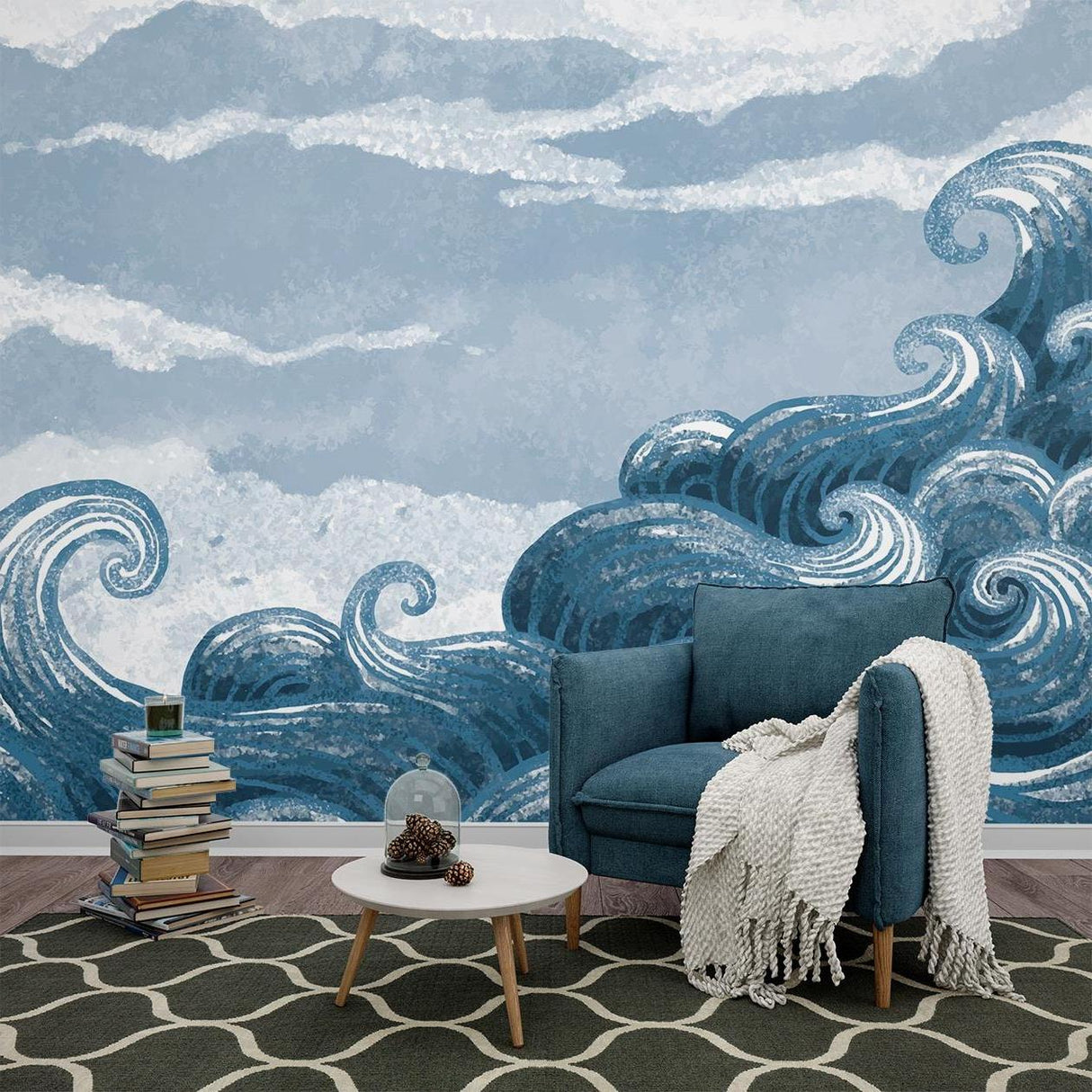 Ocean wave mural bringing Japanese art style to master bedroom accent wall