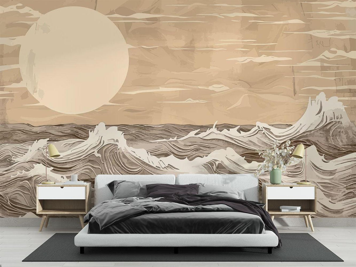 Ocean wave wallpaper creating a serene atmosphere in a modern living room with minimal furniture