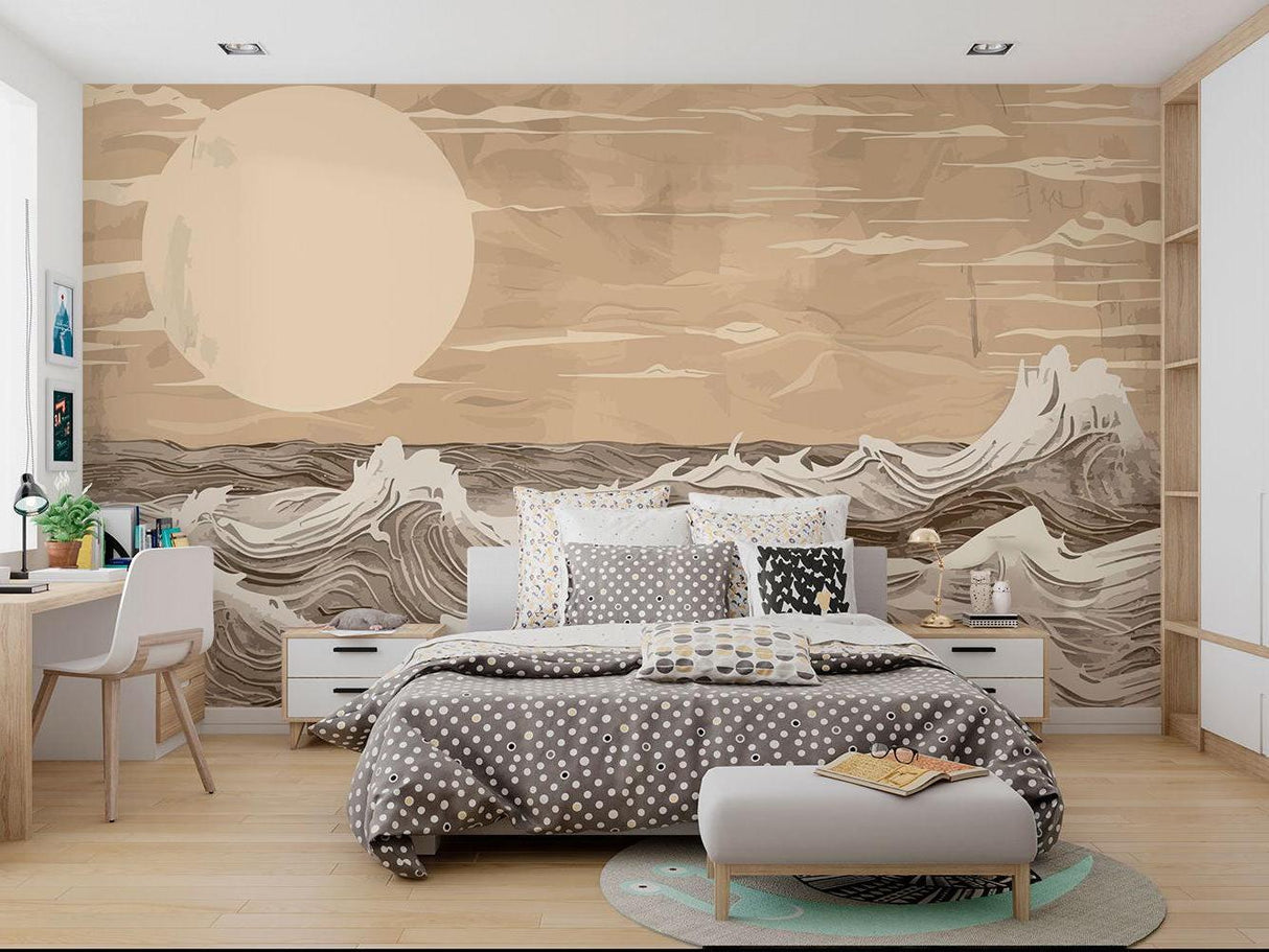 Beige wave mural making a statement in a coastal-style bedroom