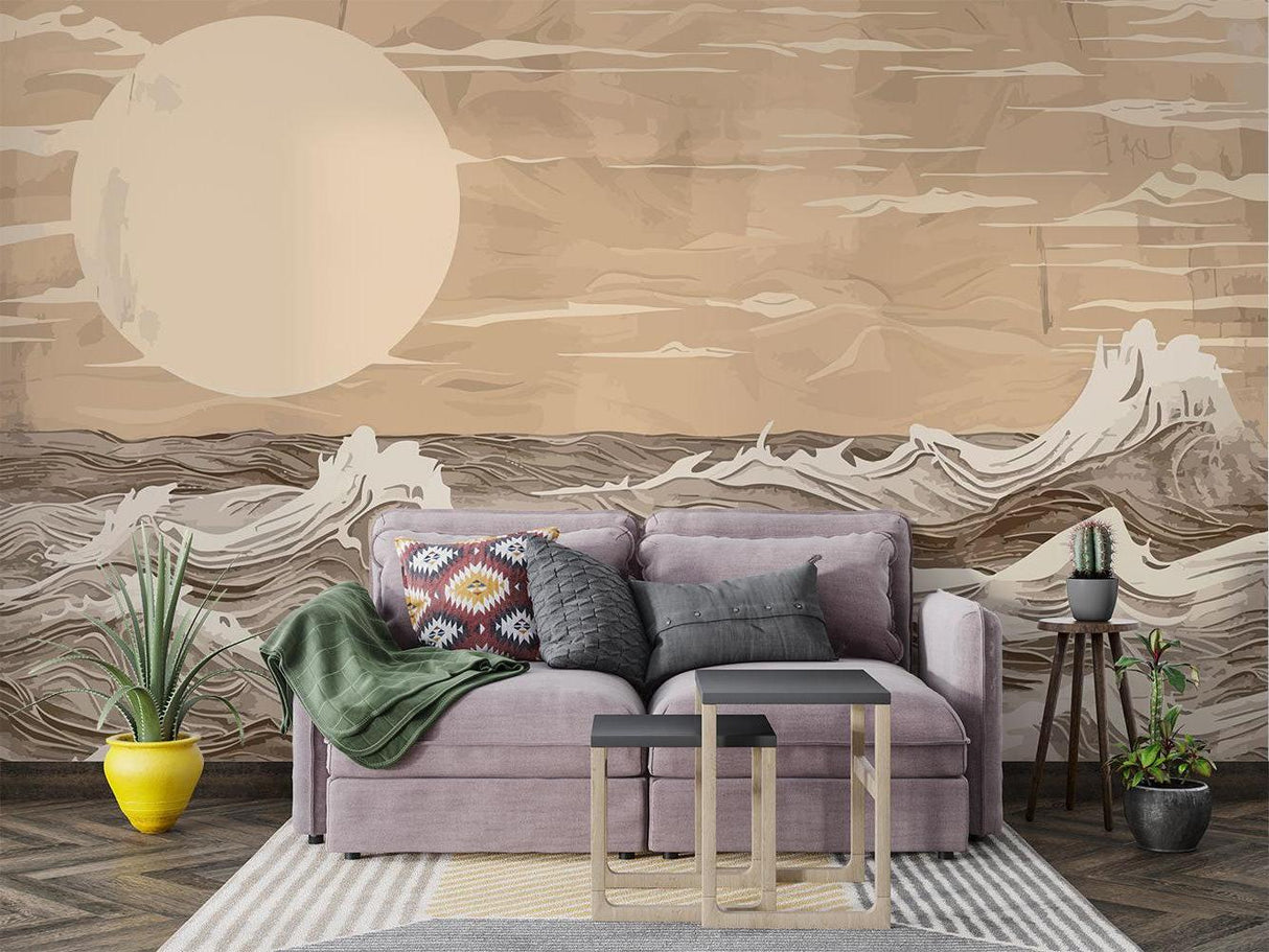 Abstract ocean wallpaper bringing calm to a home office space