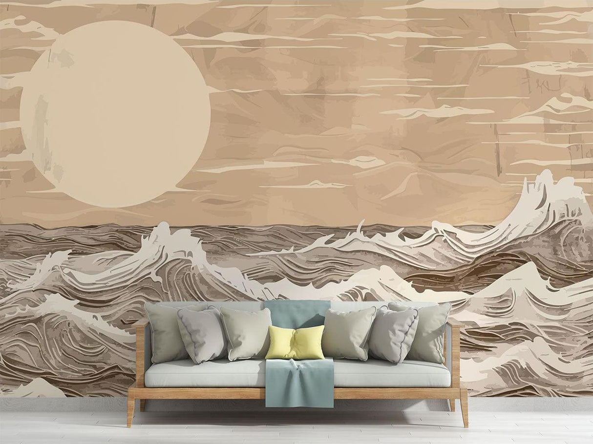 Ocean-inspired wallpaper adding movement to a meditation room